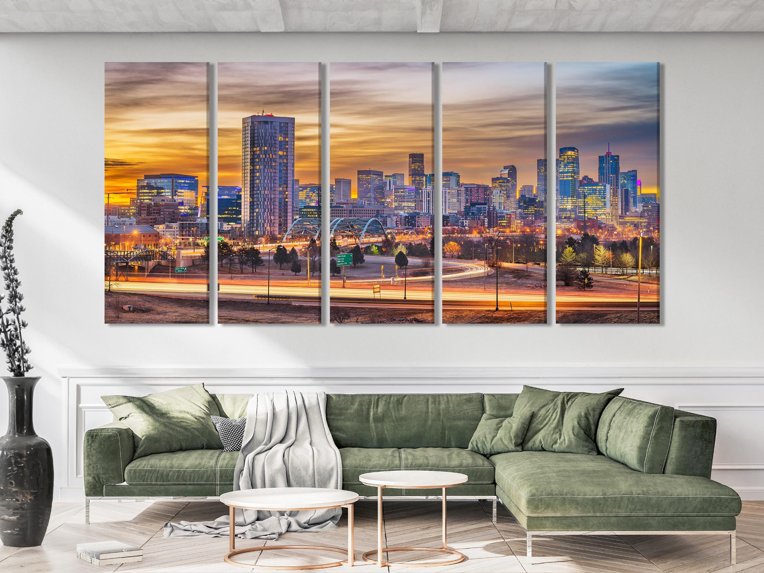 Denver Cityscape Print - Denver Canvas Art, 5-Panel Denver Wall Decor, Modern Denver CO Cityscape Artwork, Denver Painting, Denver Wall Art