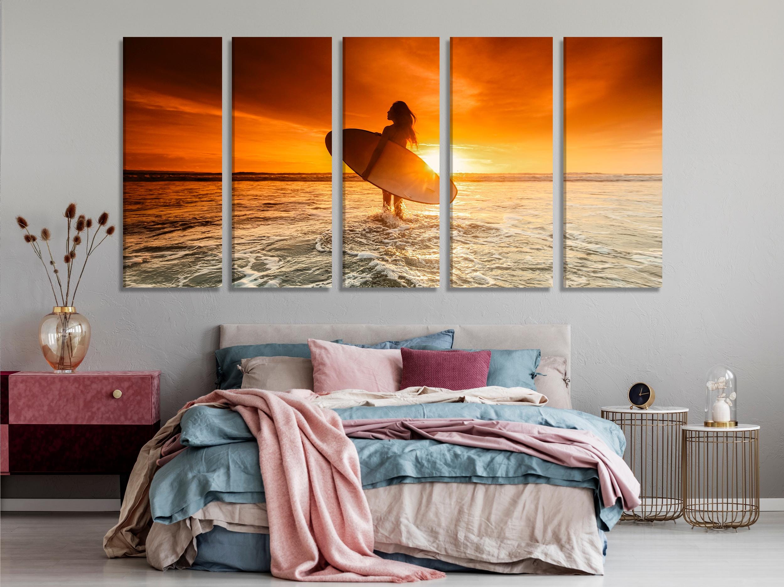 Sunset Surfer Canvas Print, Golden Ocean Waves Wall Art, Large Beach Adventure Artwork, Vibrant Surfing Artwork for Coastal Decor Gift Idea