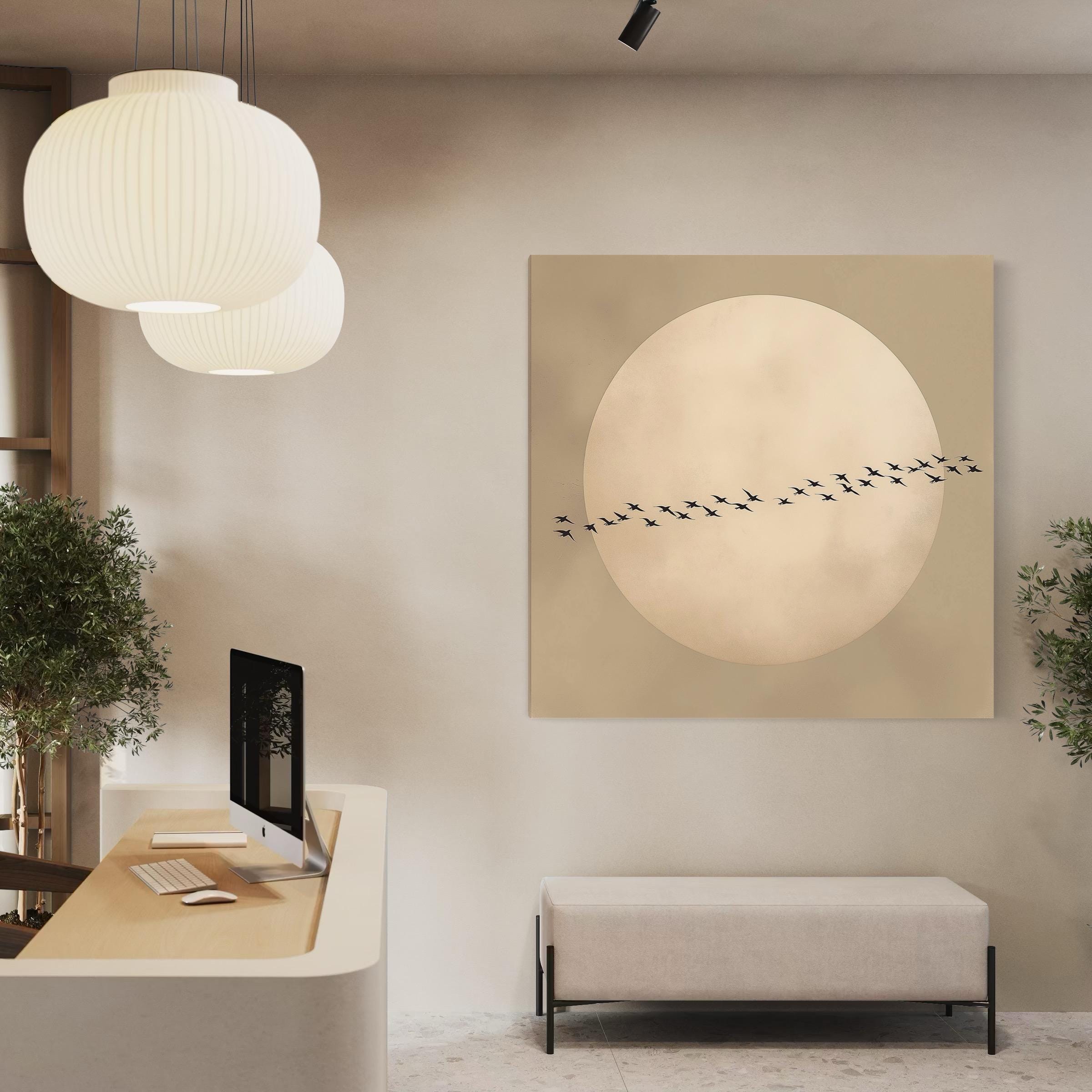 Japandi Moon Wall Art - Flying Flock of Birds Canvas Print, Feng Shui Neutral Decor, Japanese Sun Art, Large Living Room Oriental Wall Decor