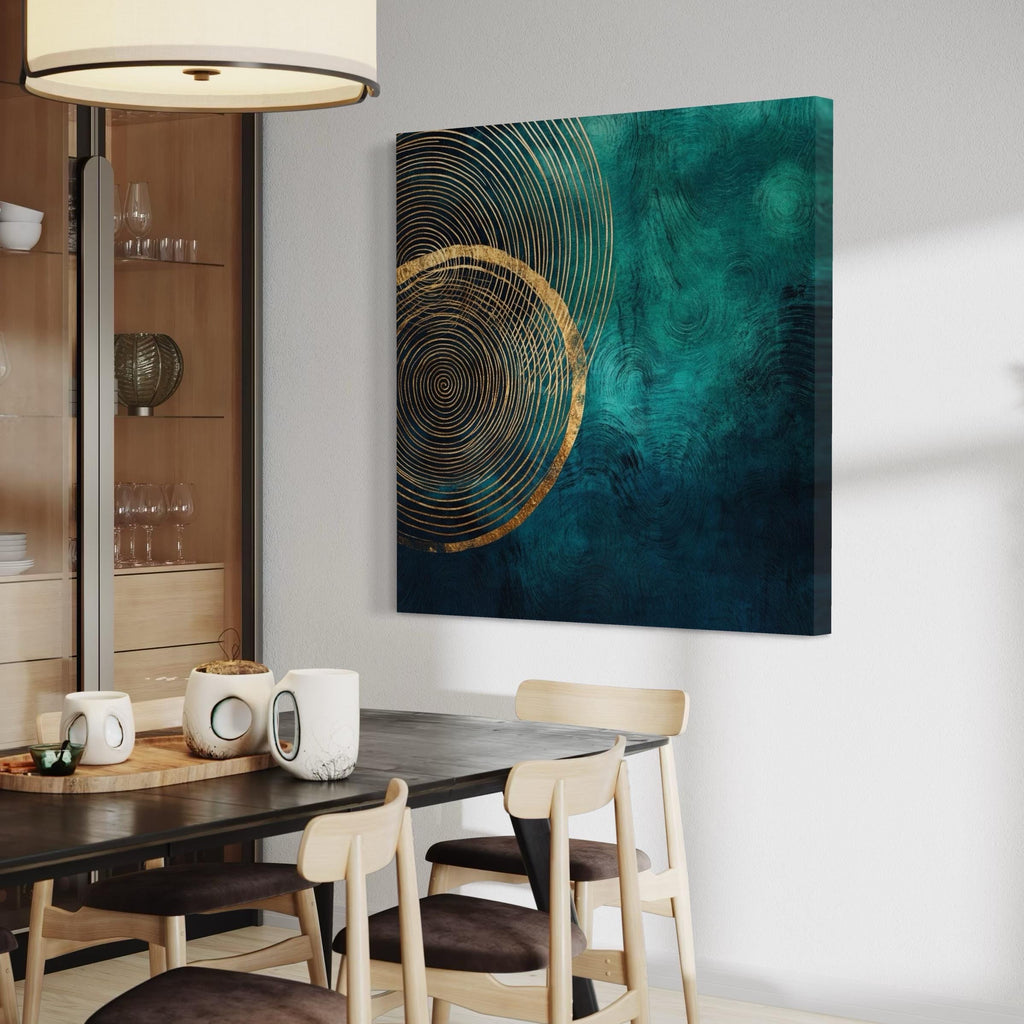 Emerald Green Abstract Wall Art - Modern Minimalist Canvas Art, Luxury Geometric Print, Nature-Inspired Tree Ring Artwork, Golden Accent Art