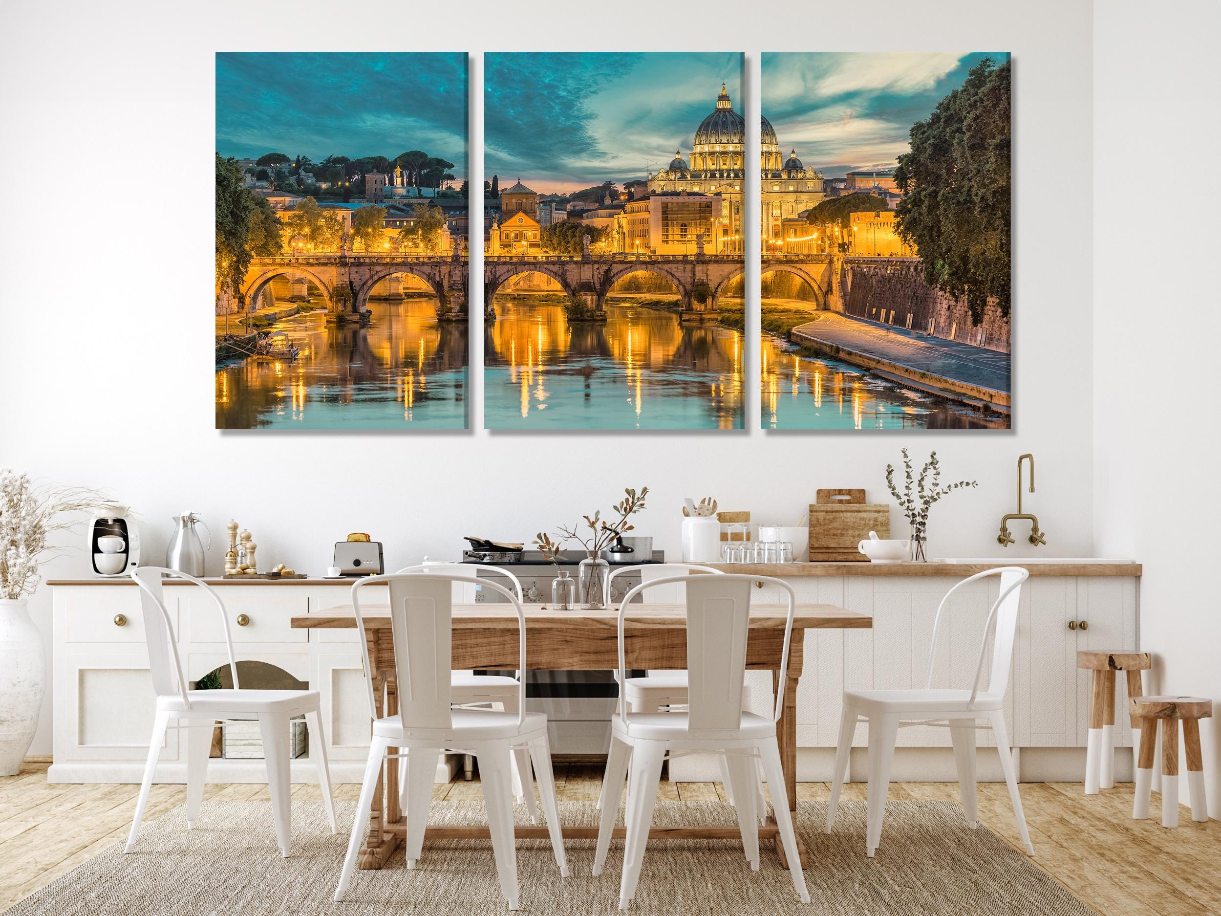 Stampa su tela di Roma, Vaticano - Skyline della città al tramonto extra large con la Basilica di San Pietro e il fiume Tevere, decorazione murale per la casa o l'ufficio