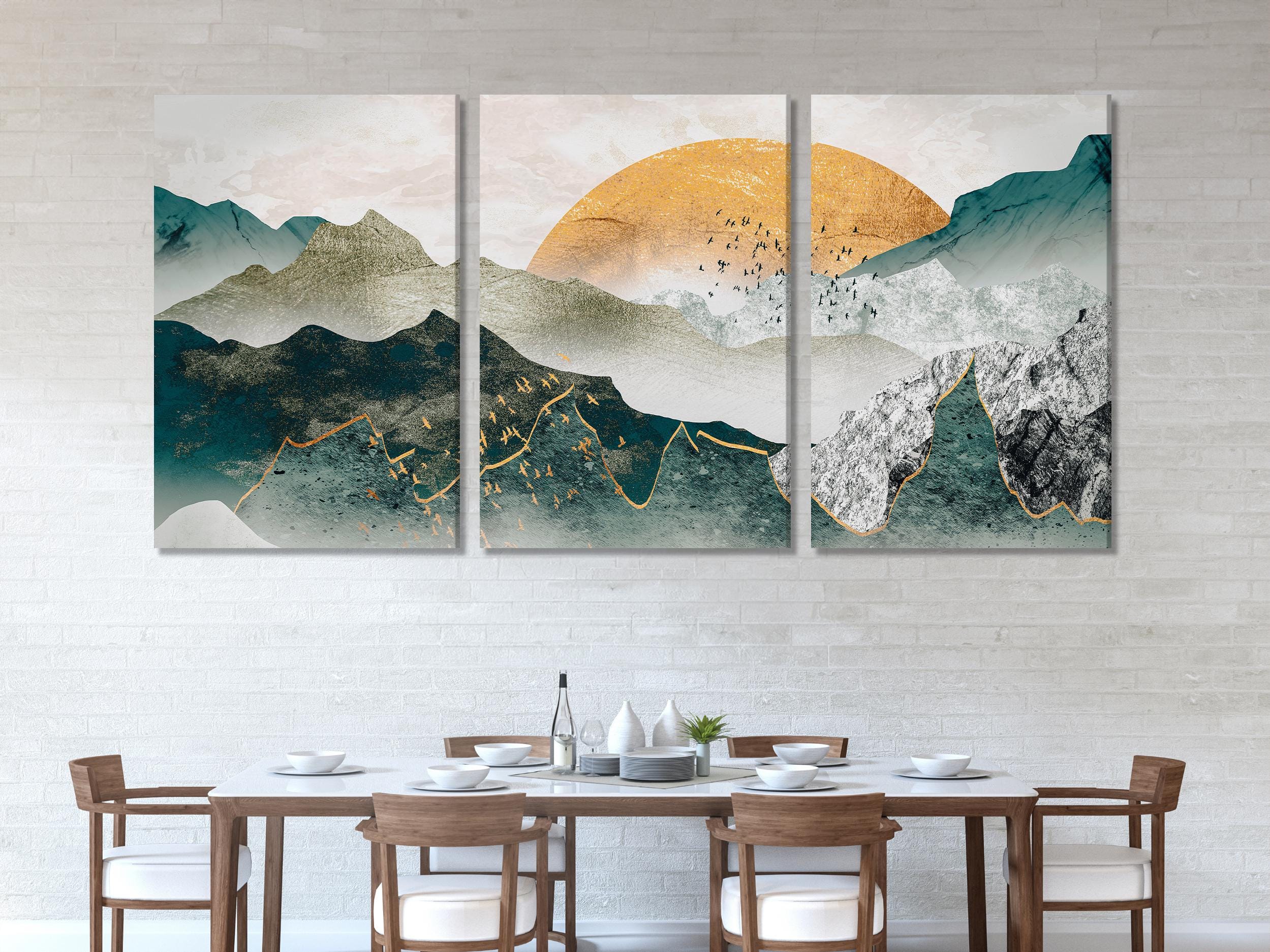 Modern abstract mountain wall art with gold accents, portrayed as a multi-panel canvas print painting for elevated contemporary artwork displays.