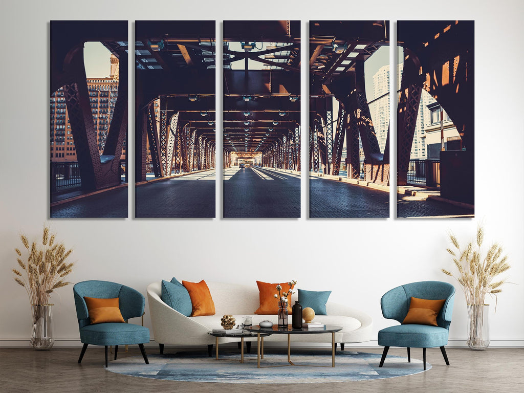 Urban Chicago Bridge Canvas Print, Large Urban Office Wall Art, Industrial Architecture Artwork, Modern Urban Art Print, Chicago Wall Decor