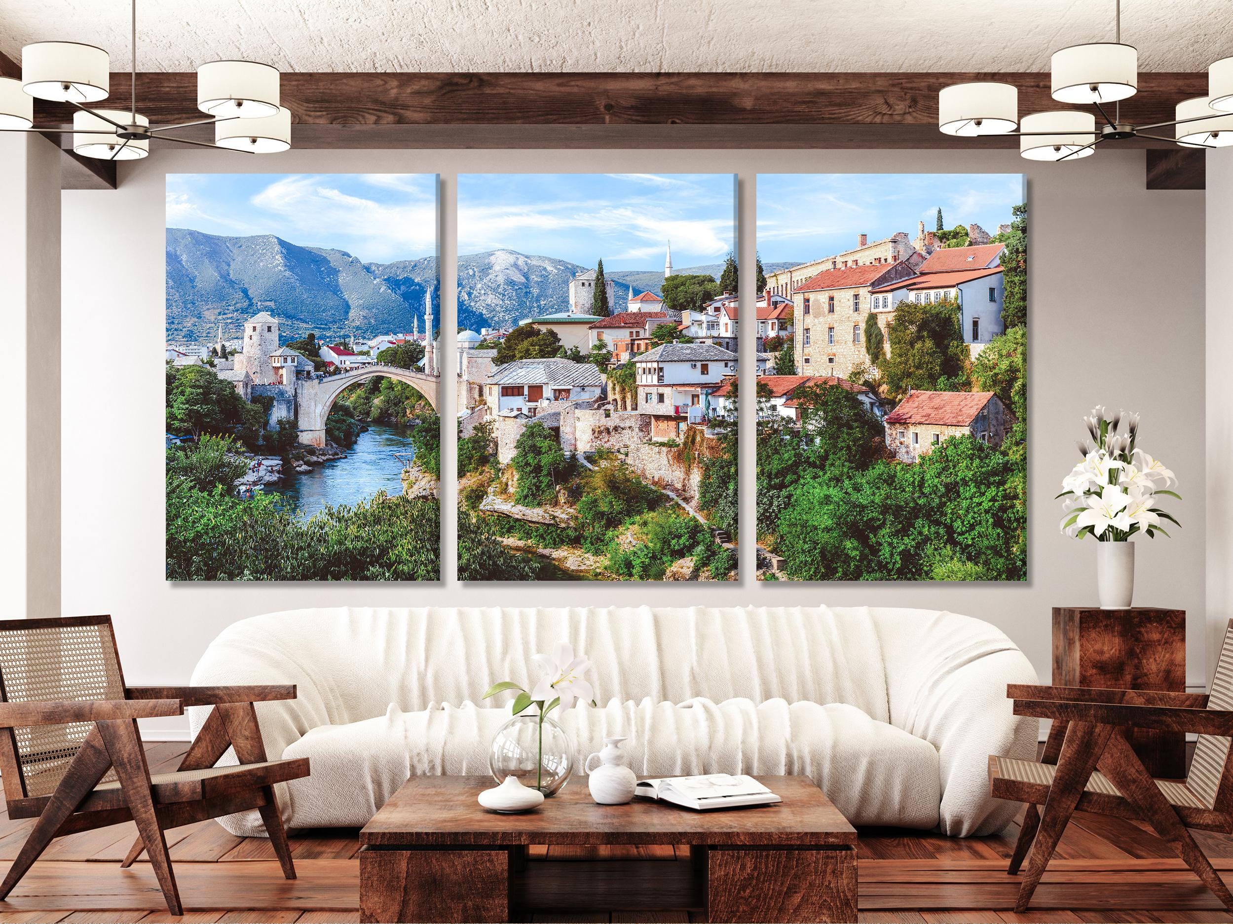 Mostar Old Town Canvas Art Print, Iconic Stari Most Bridge Wall Art, Oversized Bosnia and Herzegovina Landscape Artwork, Rustic Interior Art