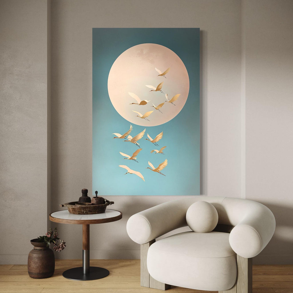 Zen Bedroom Wall Art Beige Moon Art Pastel Canvas Prints Tsuru Birds Print Spring Prints Sky Blue Japanese Cranes Wall Art Large Japandi Art
