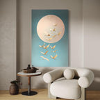 Zen Bedroom Wall Art Beige Moon Art Pastel Canvas Prints Tsuru Birds Print Spring Prints Sky Blue Japanese Cranes Wall Art Large Japandi Art