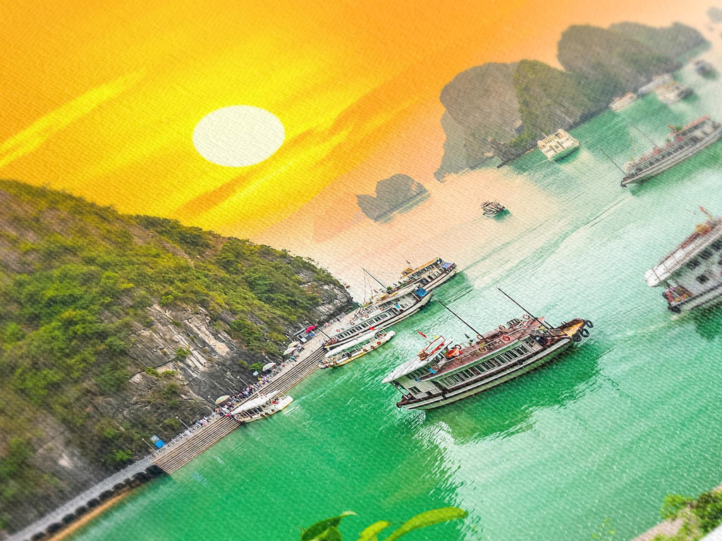 Sunlit seascape canvas print displaying green waters, tall rock formations, and sailing vessels.