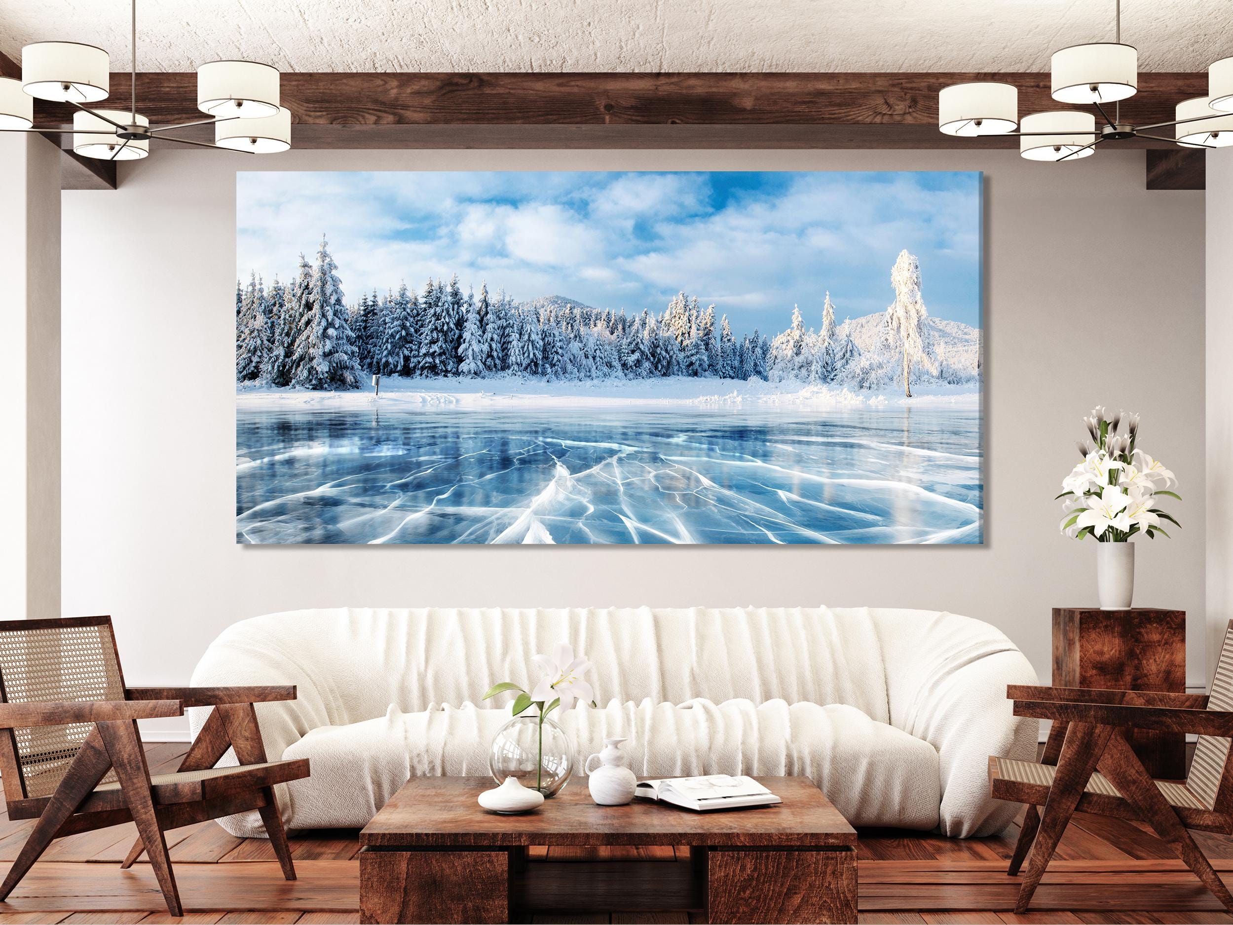 Frozen Lake Winter Landscape Canvas Print – Large Snowy Forest Wall Art, Icy Nature Scene, Winter Landscape Decor for Living Room or Office