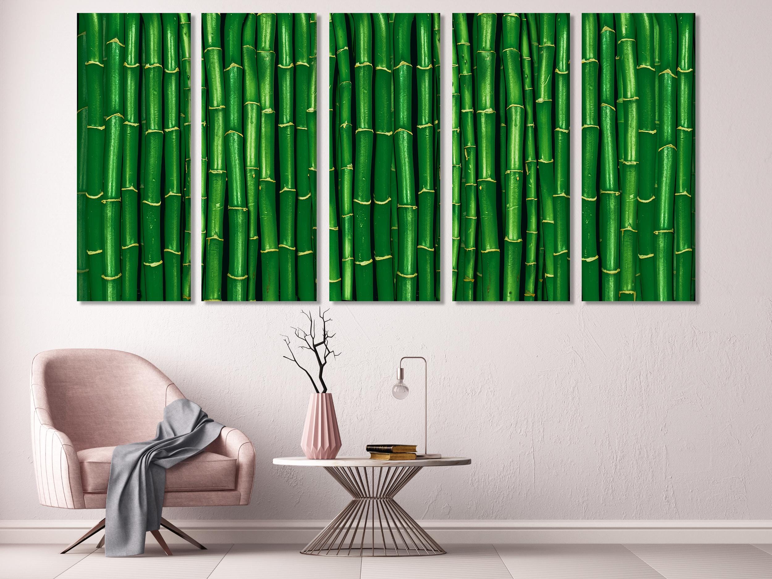 Large bamboo wall art in vibrant green tones styled above a modern console