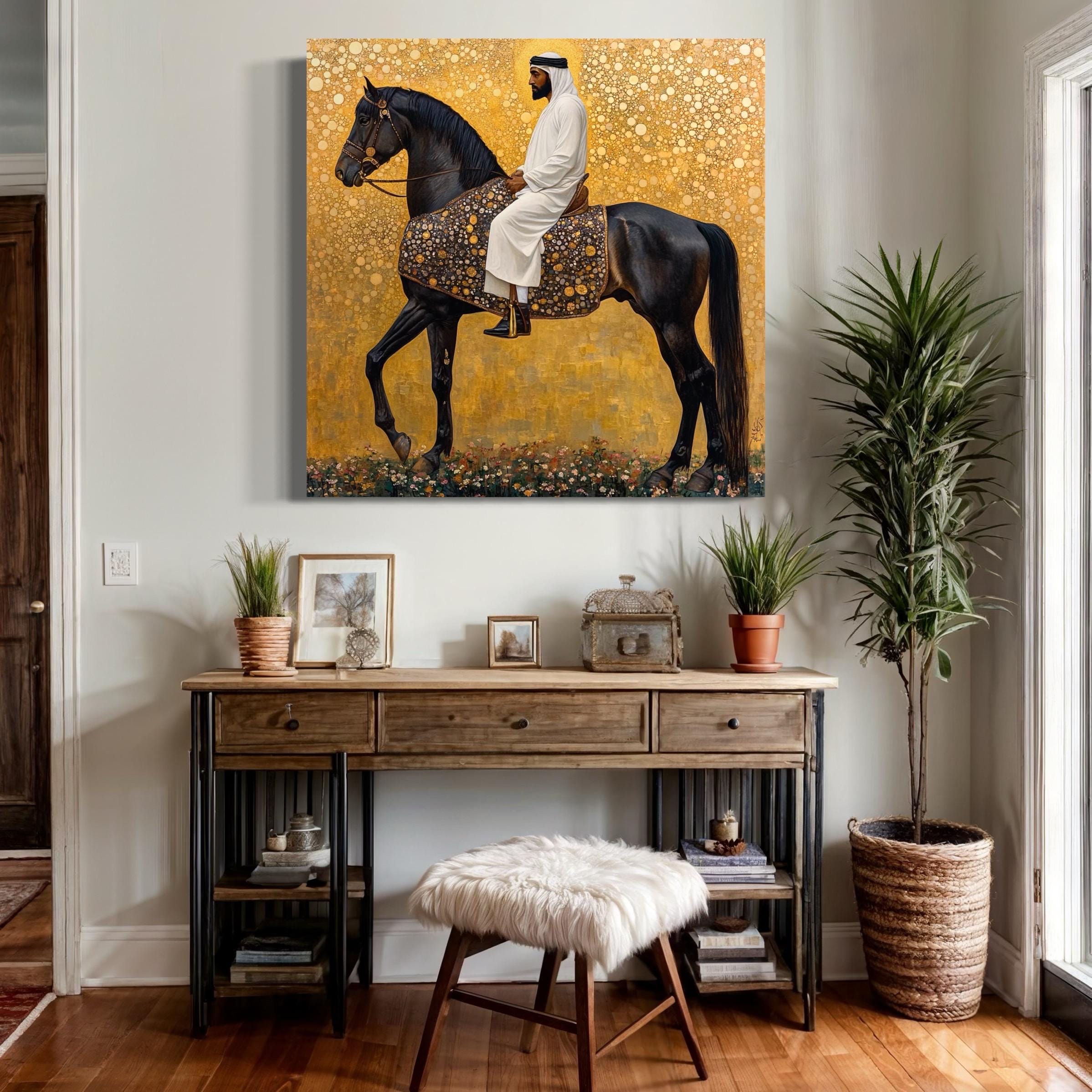 Arabic Wall Art - Black Stallion Canvas Art, Middle Eastern Horseman Painting, Luxury Arab Horse Decor, Gold Islamic Artwork, Horse Wall Art