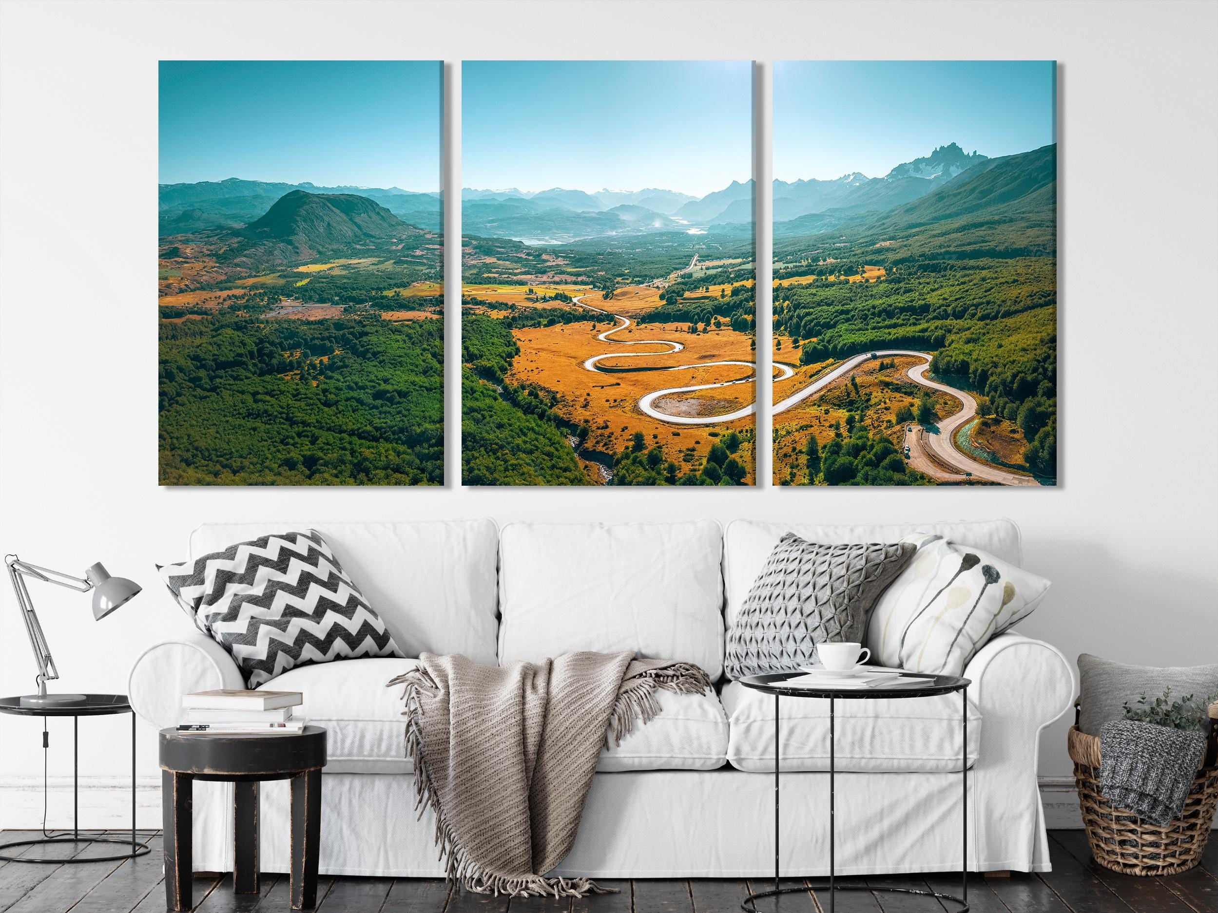 Stampa su tela "Carretera Austral Road", grande paesaggio della Patagonia, strada avventurosa nella valle cilena, decorazione di montagna extra large