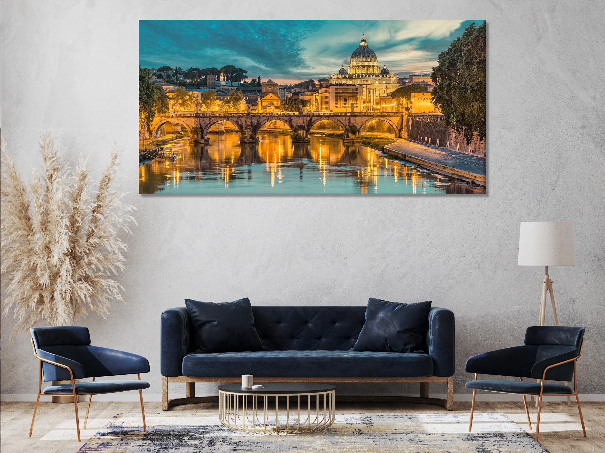 Stampa su tela di Roma, Vaticano - Skyline della città al tramonto extra large con la Basilica di San Pietro e il fiume Tevere, decorazione murale per la casa o l'ufficio