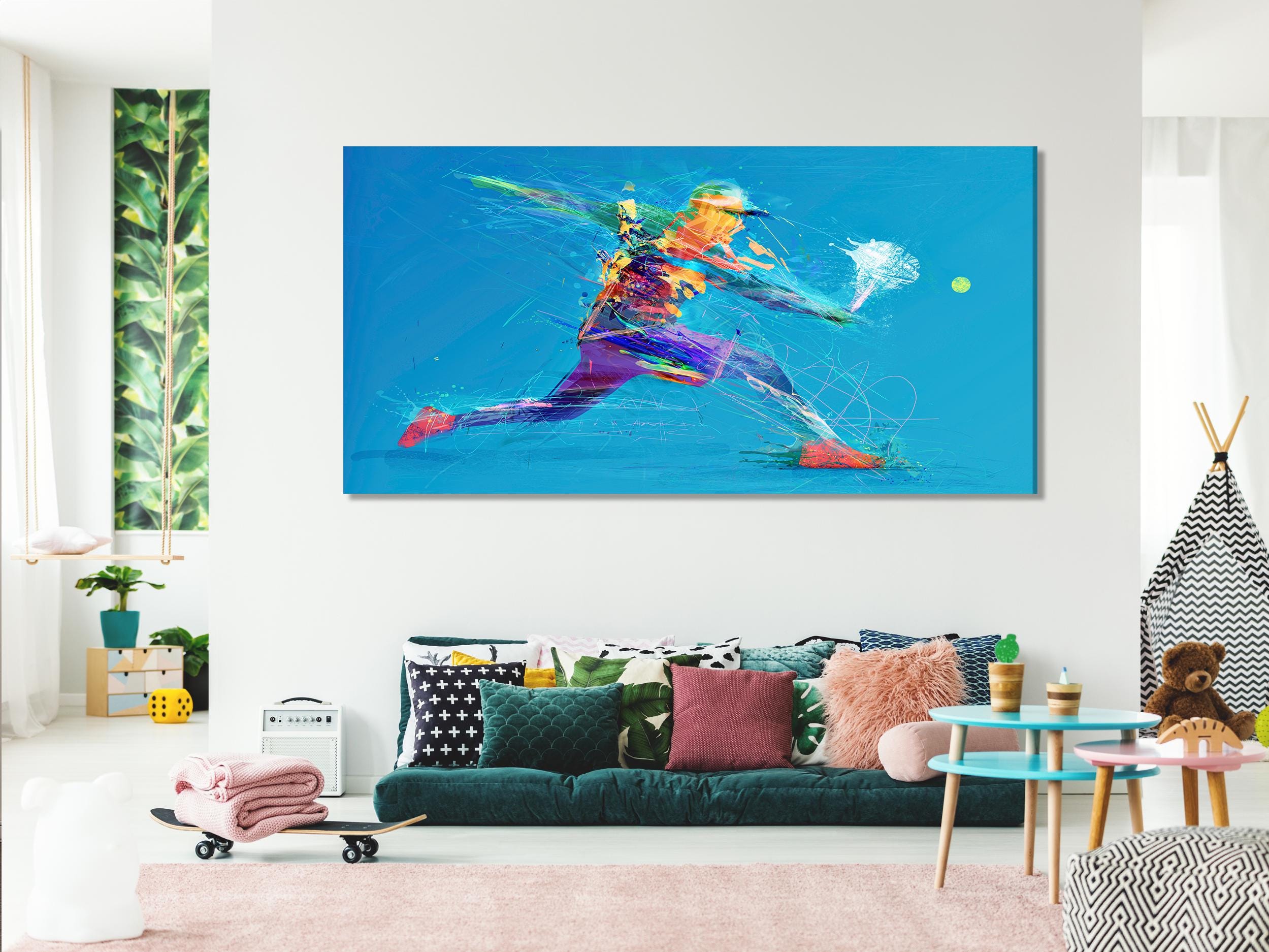 Abstract Tennis Wall Art - Vibrant Sports Artwork, Colorful Tennis Wall Decor, Large Tennis Player Painting, Modern Sports Room Decor Gift