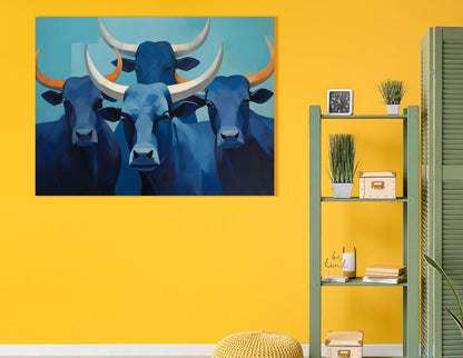 Abstract Blue Longhorn Cattle - Canvas Print - Artoholica Ready to Hang Canvas Print