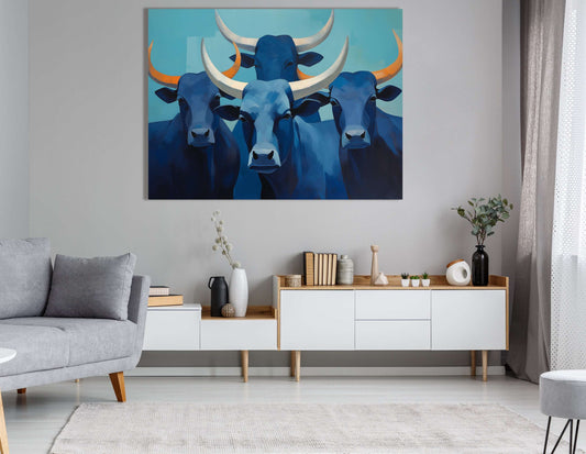 Abstract Blue Longhorn Cattle - Canvas Print - Artoholica Ready to Hang Canvas Print