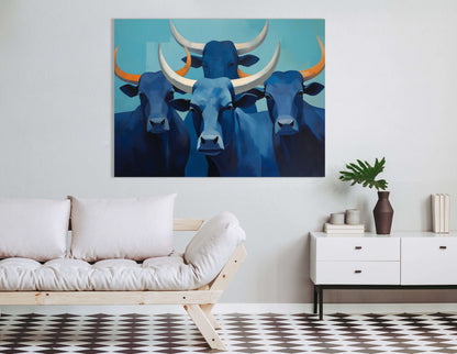 Abstract Blue Longhorn Cattle - Canvas Print - Artoholica Ready to Hang Canvas Print