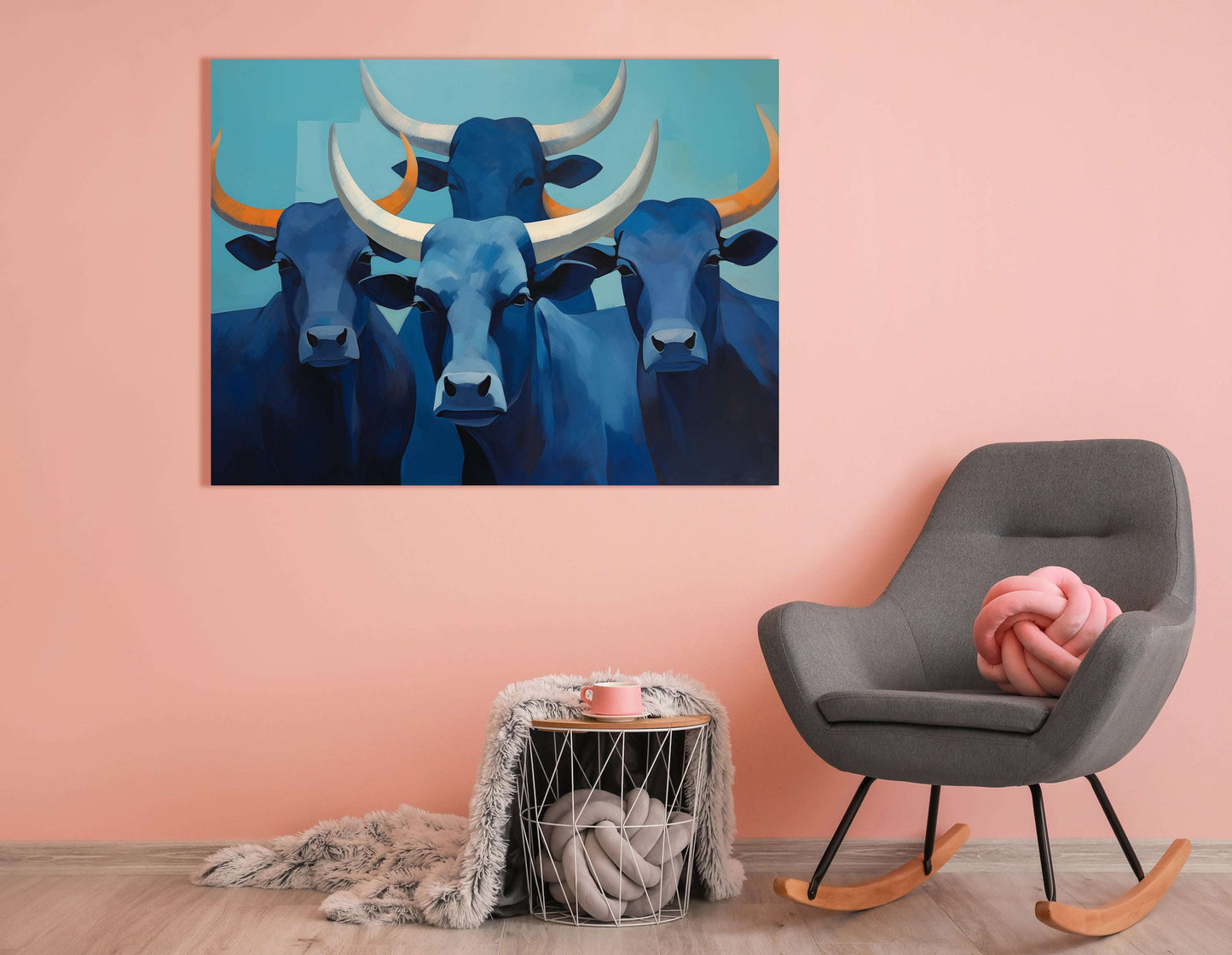 Abstract Blue Longhorn Cattle - Canvas Print - Artoholica Ready to Hang Canvas Print