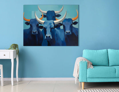 Abstract Blue Longhorn Cattle - Canvas Print - Artoholica Ready to Hang Canvas Print