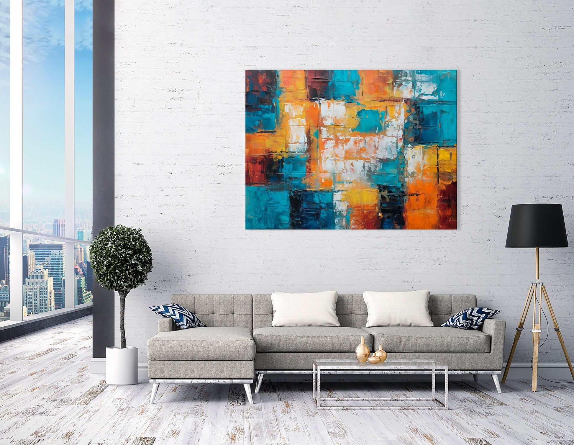 Abstract Cubism Fusion of Turquoise & Orange - Canvas Print - Artoholica Ready to Hang Canvas Print