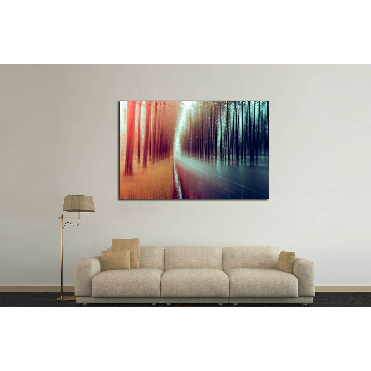 Warm to Cool Forest Blur Wall Decor - Modern Artistic ArtworkThis canvas print features an artistic interpretation of a forest scene, where the technique of motion blur creates a smooth transition from warm autumnal tones to cool, serene blues. The image