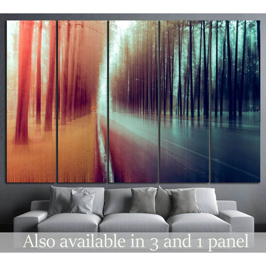 Warm to Cool Forest Blur Wall Decor - Modern Artistic ArtworkThis canvas print features an artistic interpretation of a forest scene, where the technique of motion blur creates a smooth transition from warm autumnal tones to cool, serene blues. The image