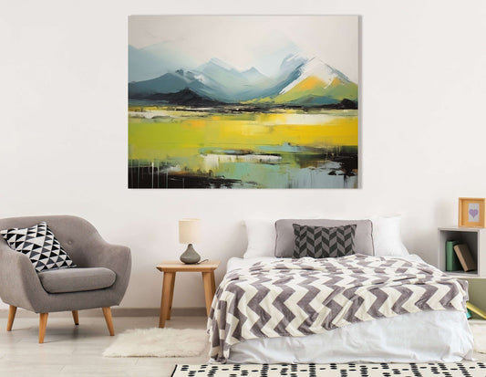 Abstract Mountain Landscape in White, Green, and Yellow - Canvas Print - Artoholica Ready to Hang Canvas Print