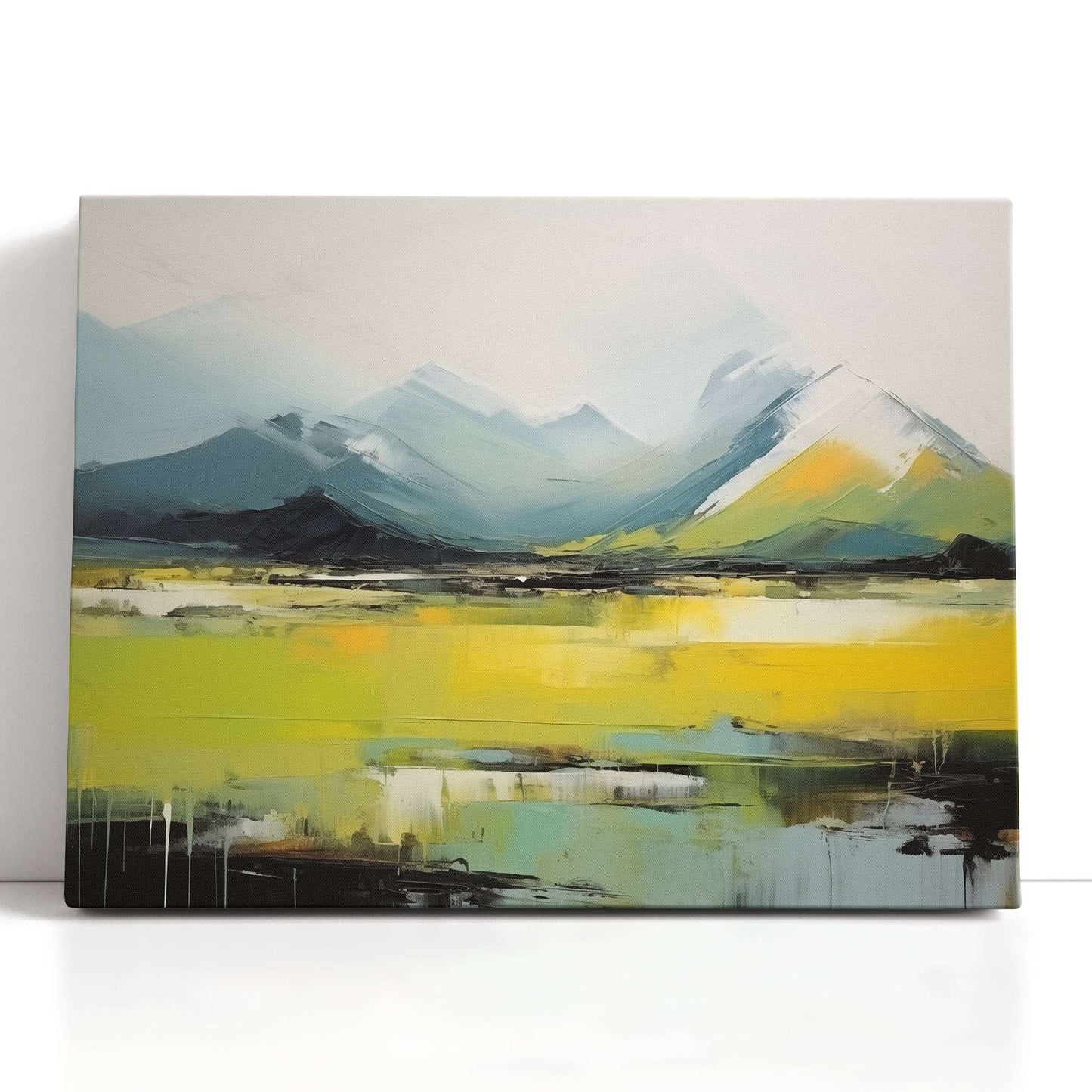 Abstract Mountain Landscape in White, Green, and Yellow - Canvas Print - Artoholica Ready to Hang Canvas Print