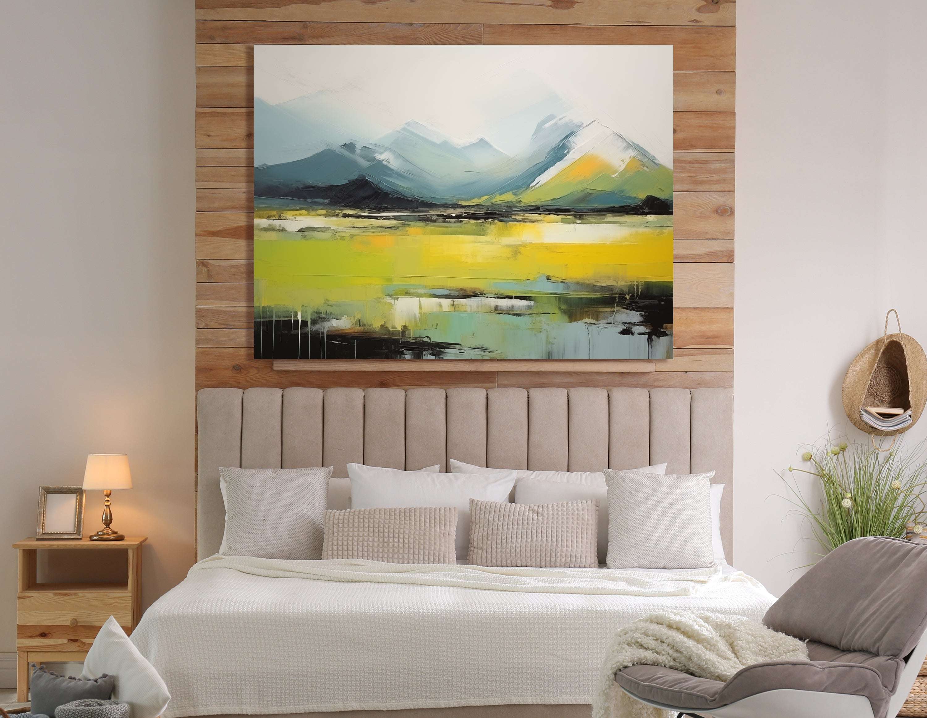 Abstract Mountain Landscape in White, Green, and Yellow - Canvas Print - Artoholica Ready to Hang Canvas Print