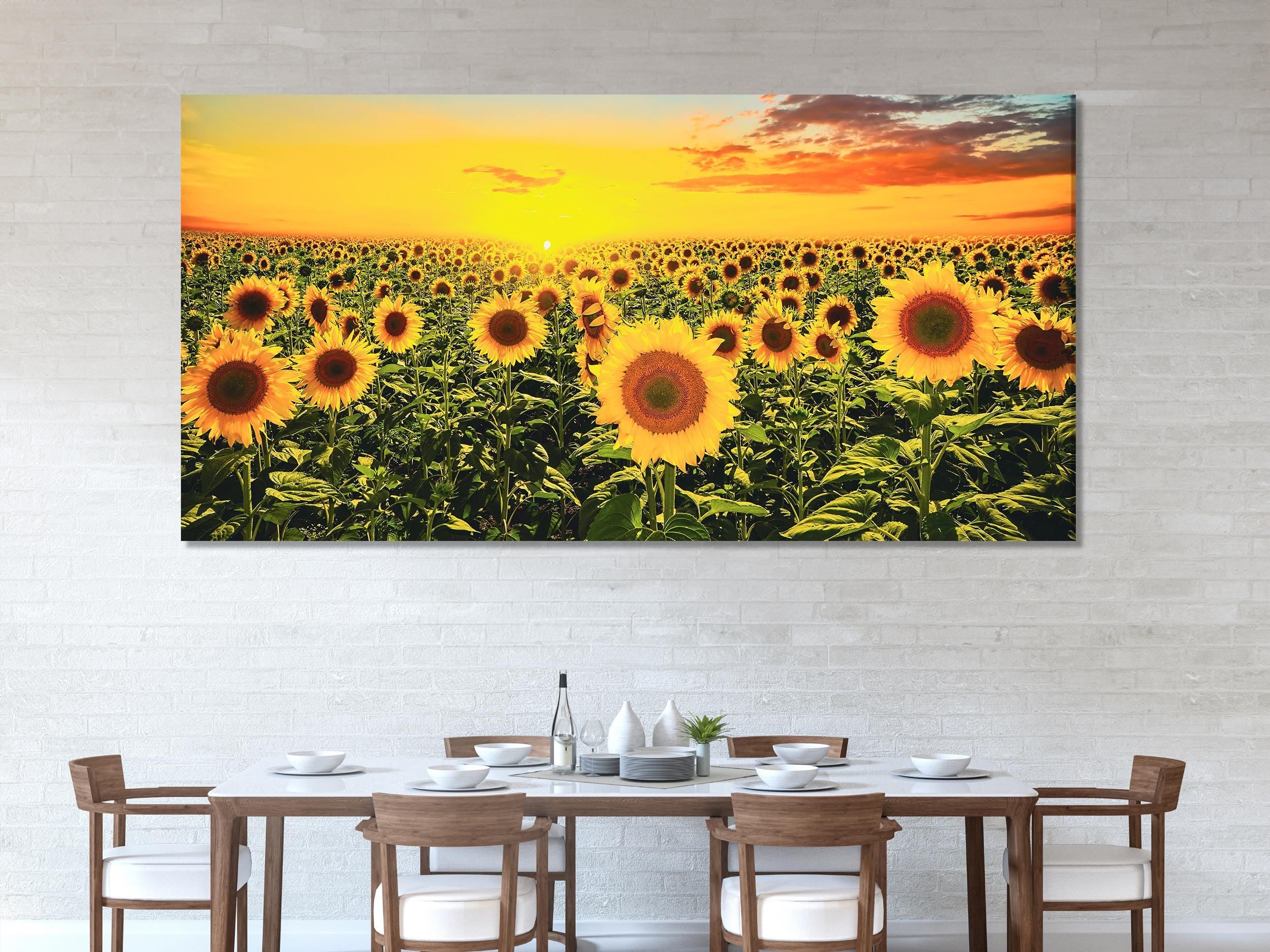 Sunflower Field Canvas Print, Sunset Landscape Wall Art, Bright Floral Decor, Large 3 Panel Sunflower Artwork, Vibrant Nature Canvas Print