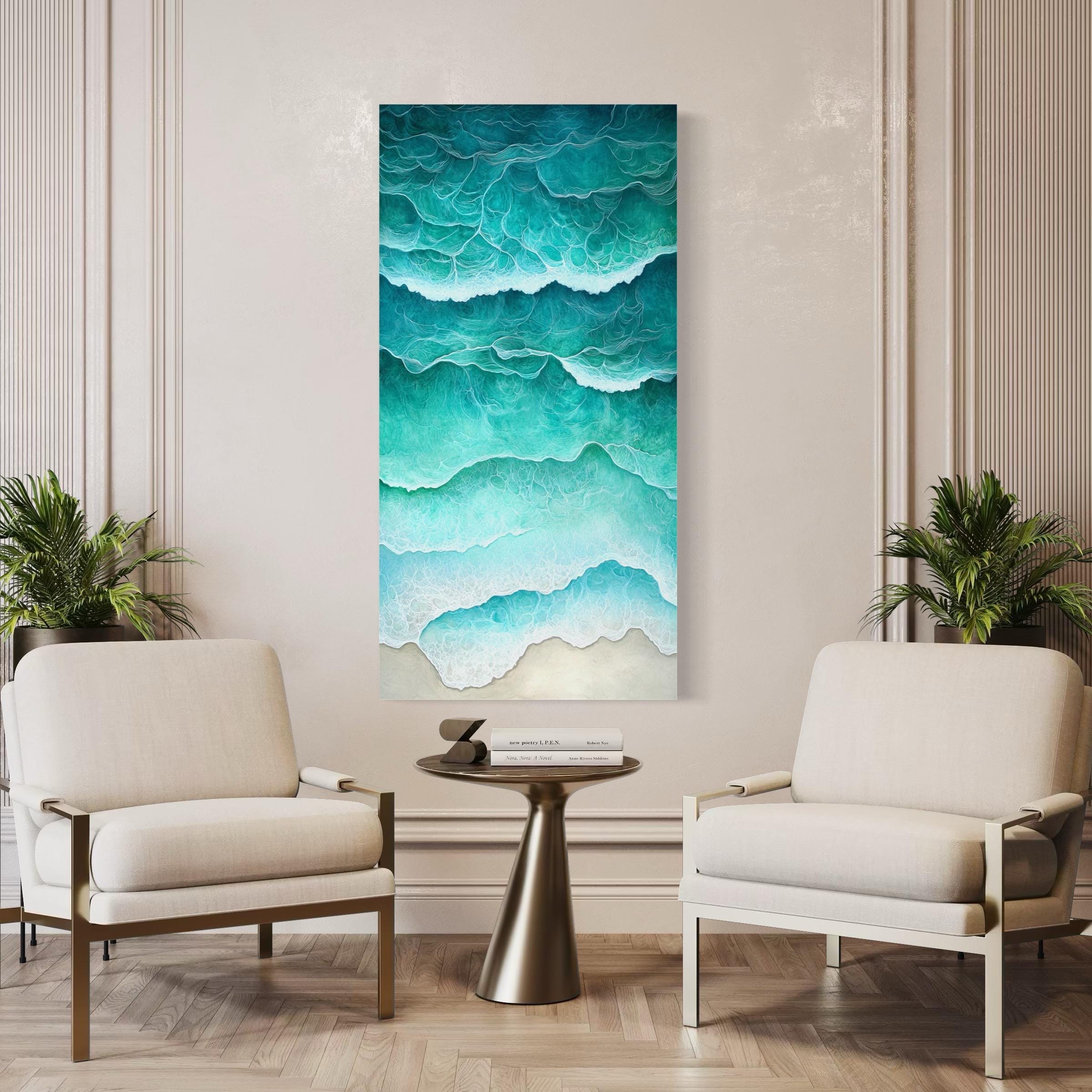 Ocean Wave Wall Art - Coastal Beach Canvas, Abstract Sea Foam Print, Abstract Seaside Decor, Large Turquoise Water Painting, Coastal Artwork