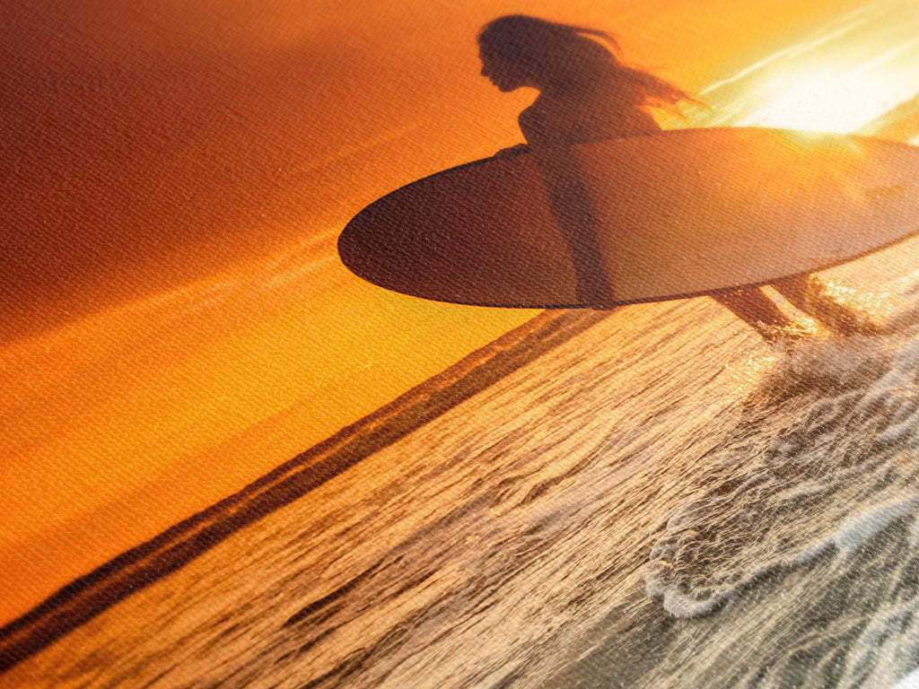 Sunset Surfer Canvas Print, Golden Ocean Waves Wall Art, Large Beach Adventure Artwork, Vibrant Surfing Artwork for Coastal Decor Gift Idea