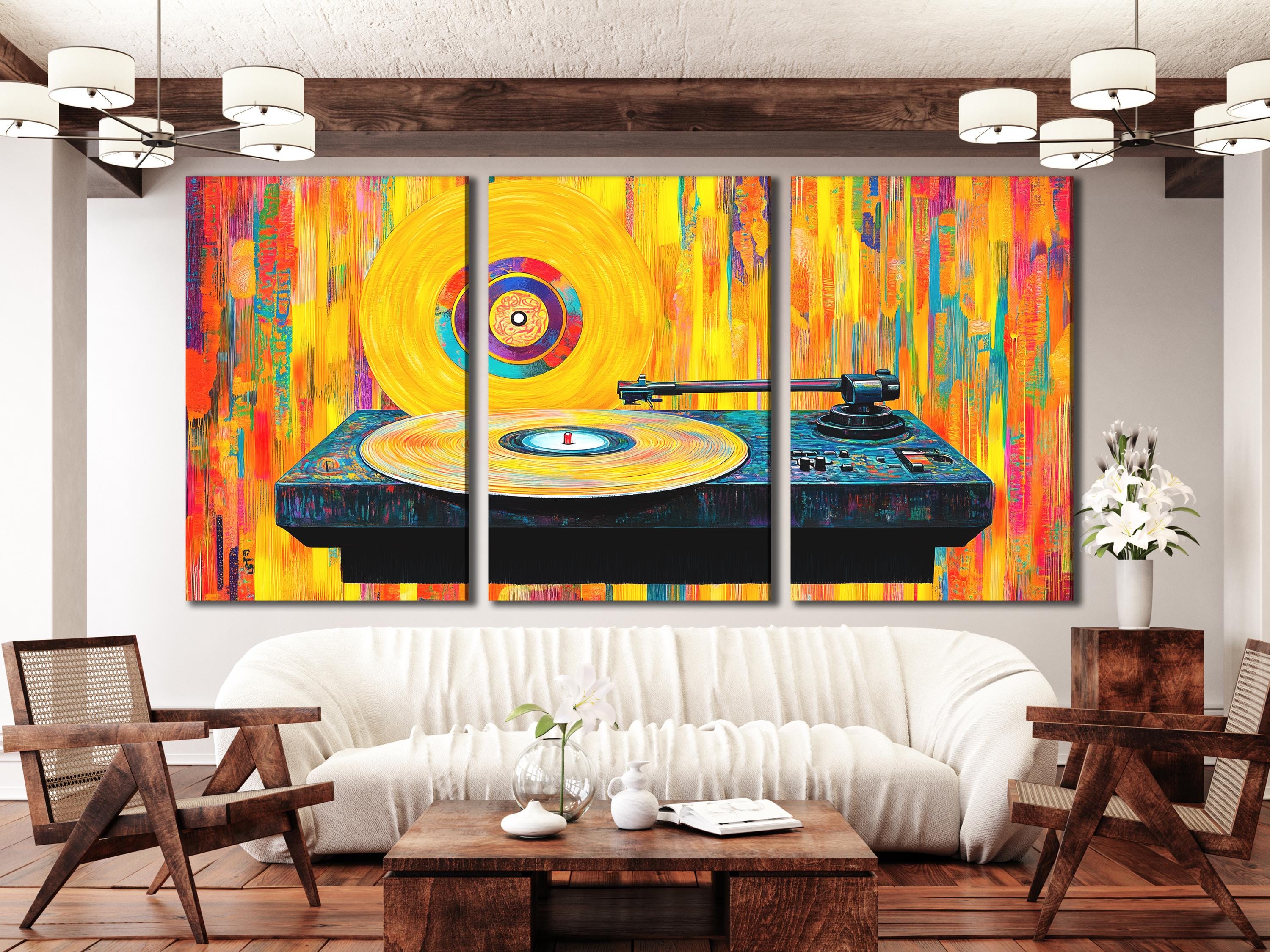 Vinylplaat wandkunst, kleurrijke platenspeler, canvas print, abstracte muziekstudio-inrichting, retro-muzikant cadeau, moderne DJ-kunst, woonkamerkunst