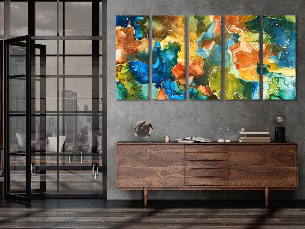 Abstrakter Leinwanddruck mit Alkoholtinte, Wandkunst in Blau, Grün und Orange, beruhigendes übergroßes Kunstwerk für moderne Wanddekoration zu Hause oder im Büro
