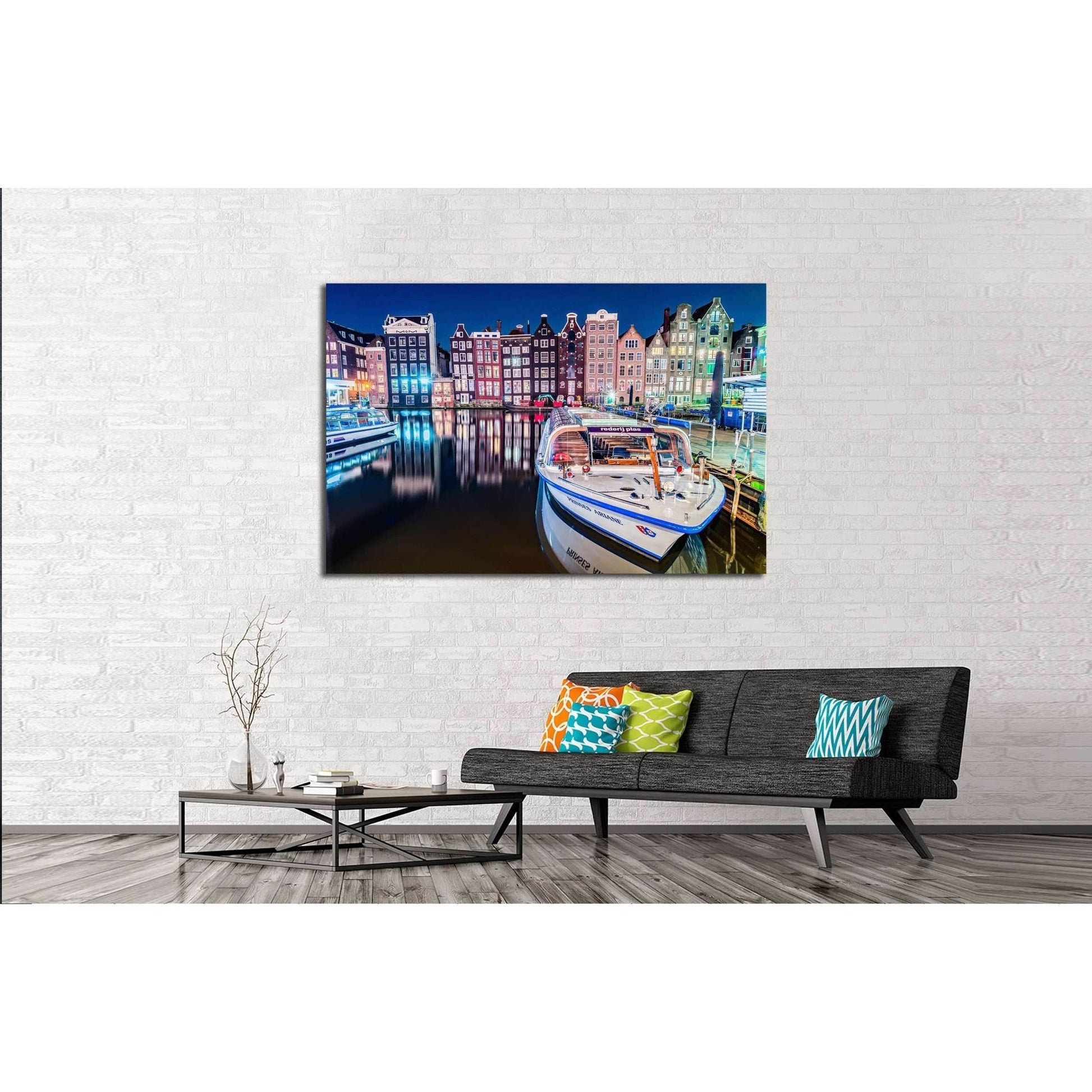 Amsterdam city view at Central Damrak with passenger boat and reflection in the water at night, Amsterdam Netherlands №2384 Ready to Hang Canvas PrintCanvas art arrives ready to hang, with hanging accessories included and no additional framing required. E