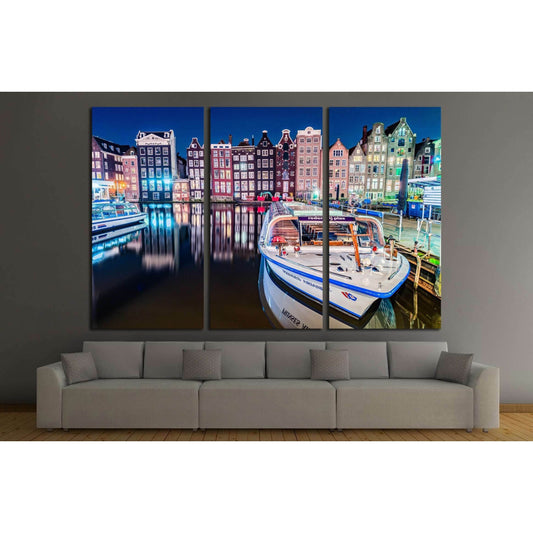 Amsterdam city view at Central Damrak with passenger boat and reflection in the water at night, Amsterdam Netherlands №2384 Ready to Hang Canvas PrintCanvas art arrives ready to hang, with hanging accessories included and no additional framing required. E