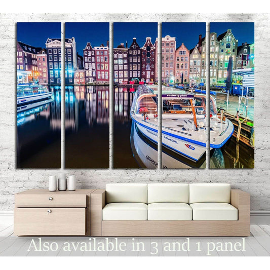Amsterdam city view at Central Damrak with passenger boat and reflection in the water at night, Amsterdam Netherlands №2384 Ready to Hang Canvas PrintCanvas art arrives ready to hang, with hanging accessories included and no additional framing required. E