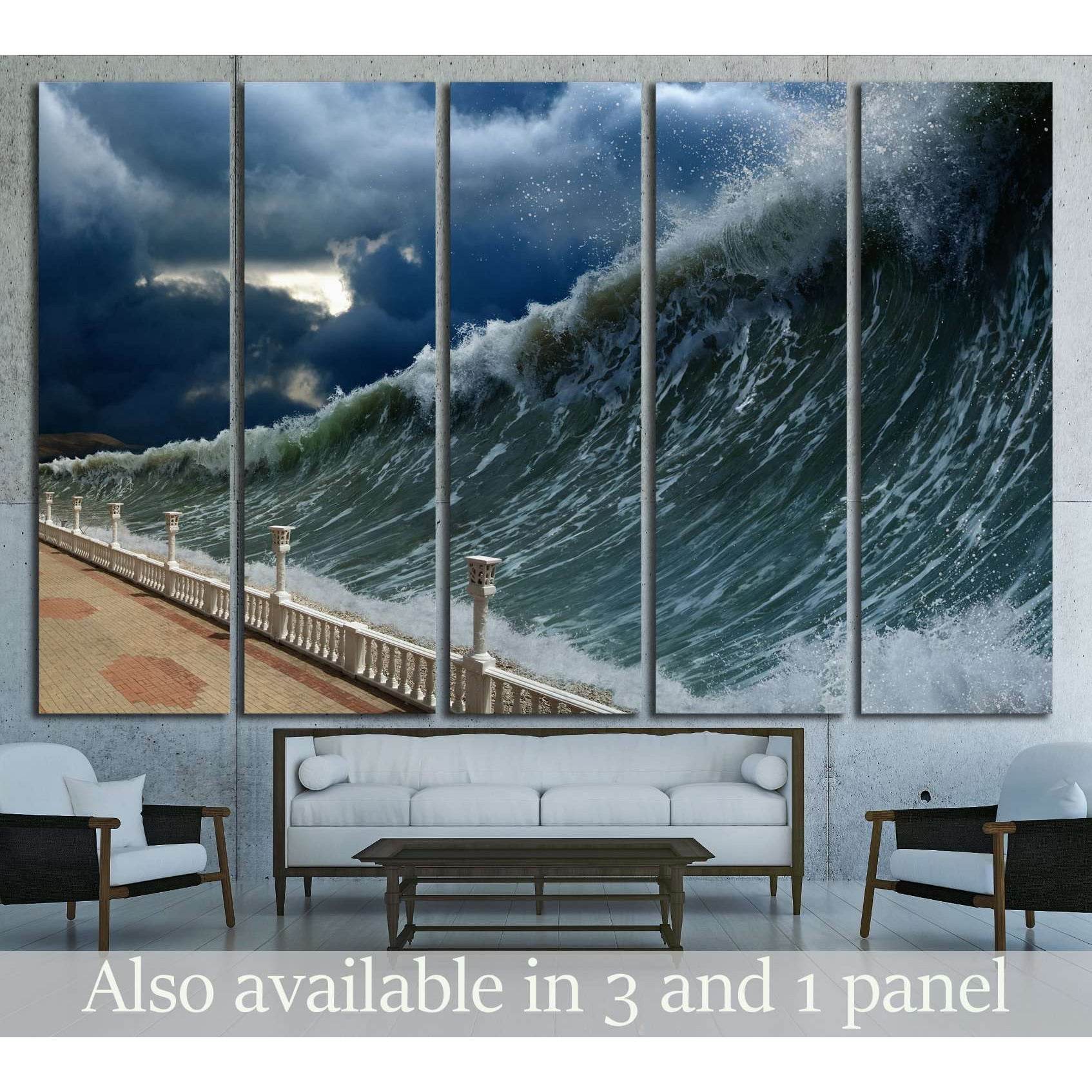 Apocalyptic dramatic background - giant tsunami waves, dark stormy sky №3126 Ready to Hang Canvas PrintCanvas art arrives ready to hang, with hanging accessories included and no additional framing required. Every canvas print is hand-crafted, made on-dema