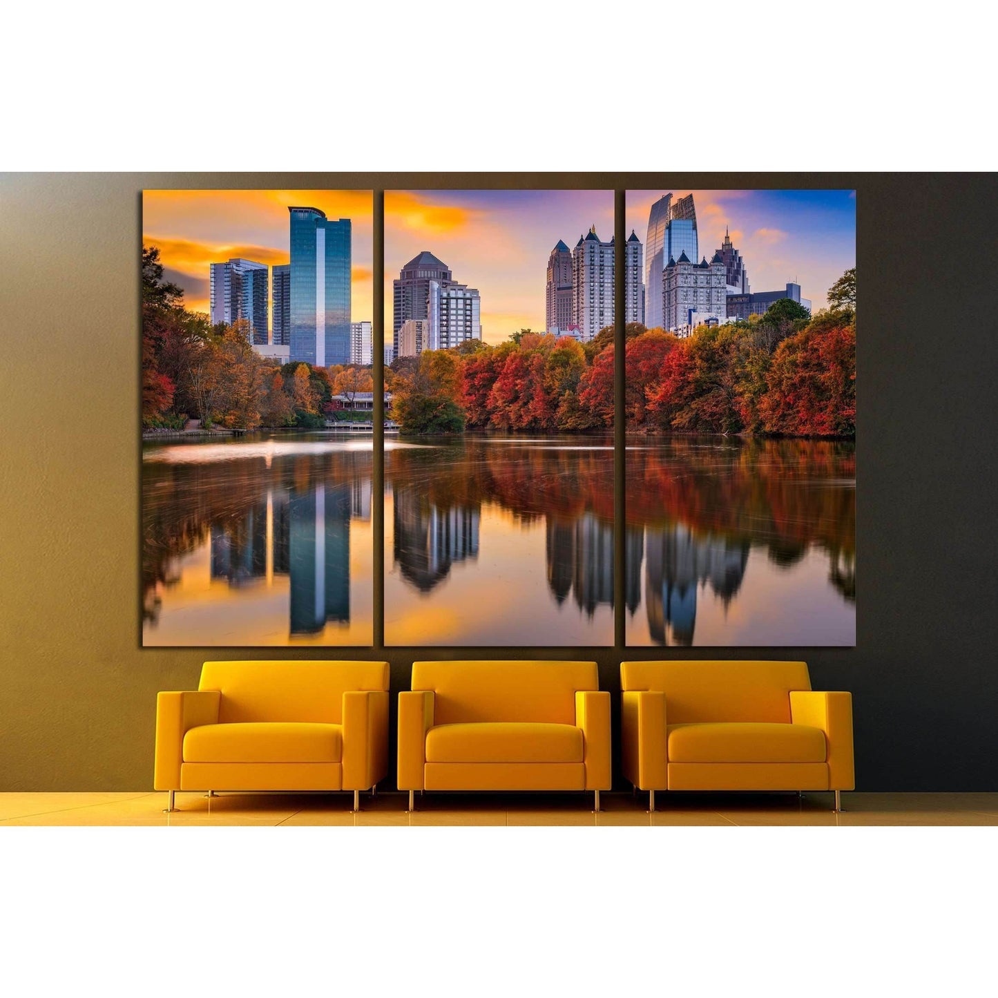 Piedmont Park skyline in autumn Atlanta, GA Canvas PrintThis triptych canvas print captures an urban skyline at sunset, reflected in the calm waters of a city park. The autumnal trees add a warm spectrum of reds and oranges to the scene, complementing the