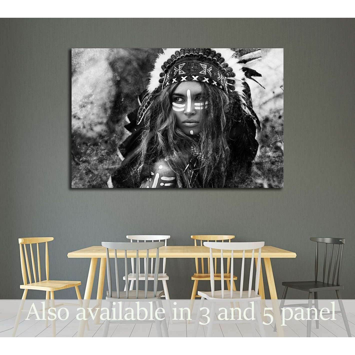 Attractive young woman in chieftain. Black and white portrait. Indian style №2769 Ready to Hang Canvas PrintCanvas art arrives ready to hang, with hanging accessories included and no additional framing required. Every canvas print is hand-crafted, made on