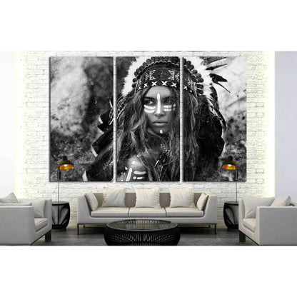 Attractive young woman in chieftain. Black and white portrait. Indian style №2769 Ready to Hang Canvas PrintCanvas art arrives ready to hang, with hanging accessories included and no additional framing required. Every canvas print is hand-crafted, made on