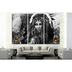 Attractive young woman in chieftain. Black and white portrait. Indian style №2769 Ready to Hang Canvas PrintCanvas art arrives ready to hang, with hanging accessories included and no additional framing required. Every canvas print is hand-crafted, made on