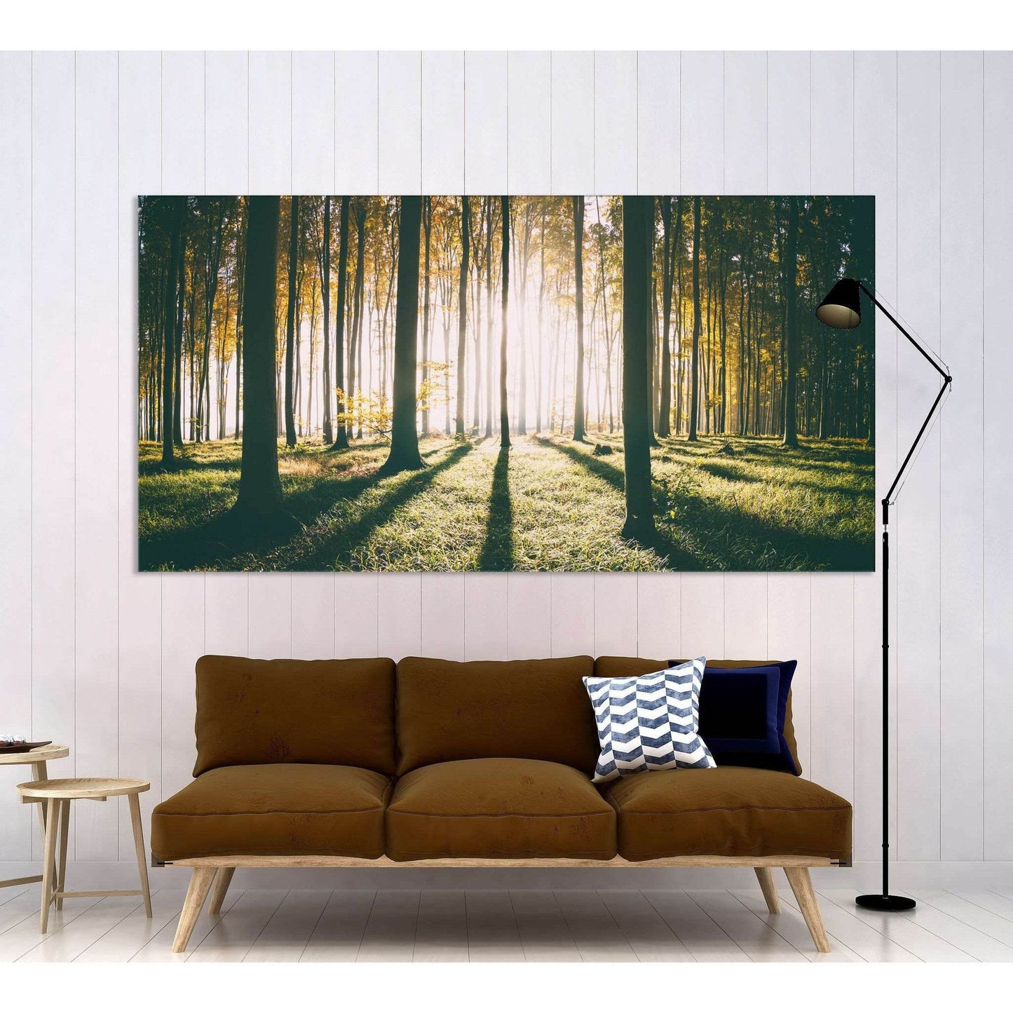 Autumn Forest Woods Artwork for Natural-Themed RoomsThis canvas print encapsulates the serene beauty of a forest bathed in the gentle light of morning. The sun's rays filter through the trees, casting elongated shadows and a peaceful glow on the forest fl