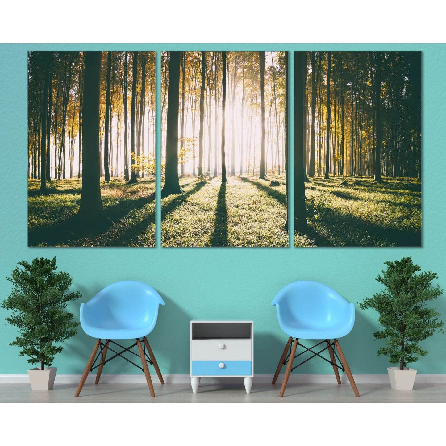 Autumn Forest Woods Artwork for Natural-Themed RoomsThis canvas print encapsulates the serene beauty of a forest bathed in the gentle light of morning. The sun's rays filter through the trees, casting elongated shadows and a peaceful glow on the forest fl