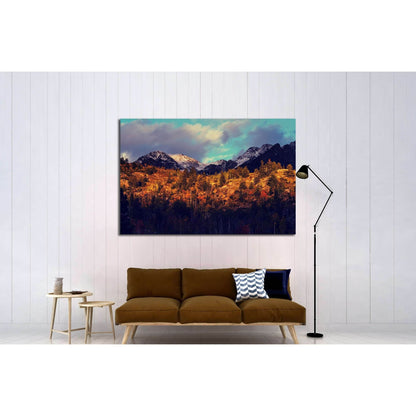 Autumn Mountainscape Canvas Print - Rustic Lodge Wall AccentThis five-panel canvas print showcases the majestic beauty of the Colorado mountains, with a foreground of autumn-colored trees against the backdrop of snow-capped peaks. The rich, warm tones of