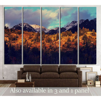 Autumn Mountainscape Canvas Print - Rustic Lodge Wall AccentThis five-panel canvas print showcases the majestic beauty of the Colorado mountains, with a foreground of autumn-colored trees against the backdrop of snow-capped peaks. The rich, warm tones of