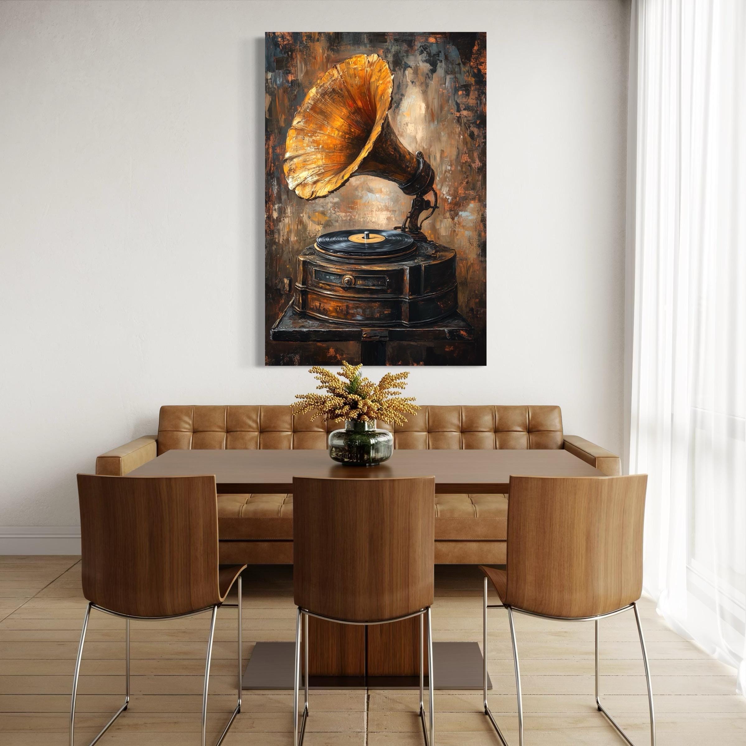 Vintage grammofoon wanddecoratie - rustieke muziekdecoratie, antieke vinylspeler canvas print, retro wanddecoratie boven het bed, cadeau-idee voor een muzikant