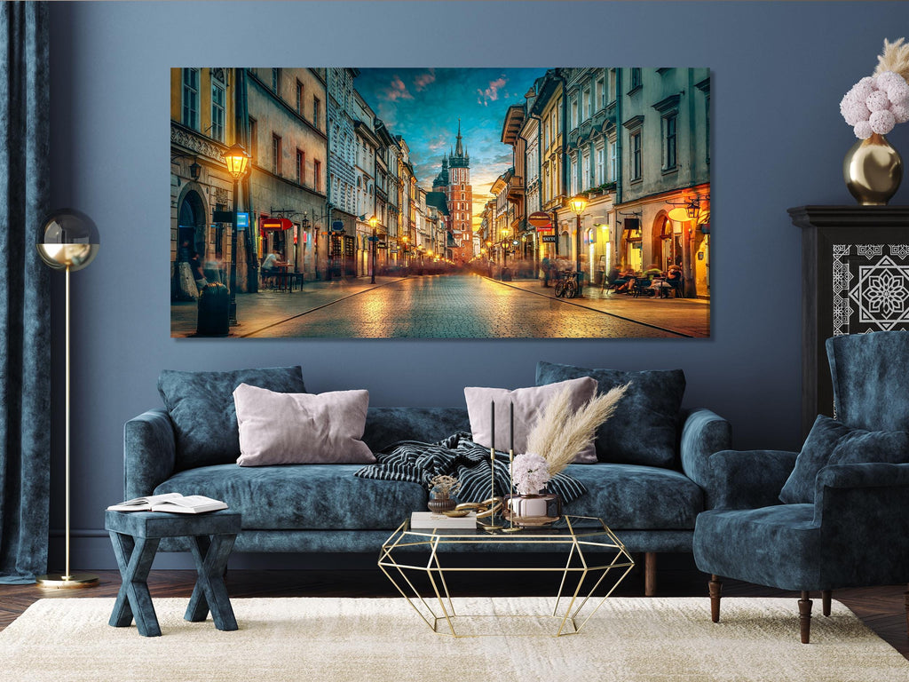 Florianska Street Canvas Print, St. Mary’s Basilica Wall Art, Krakow Old Town Nightscape, XXL Polish City Decor, Downtown Krakow Canvas Art