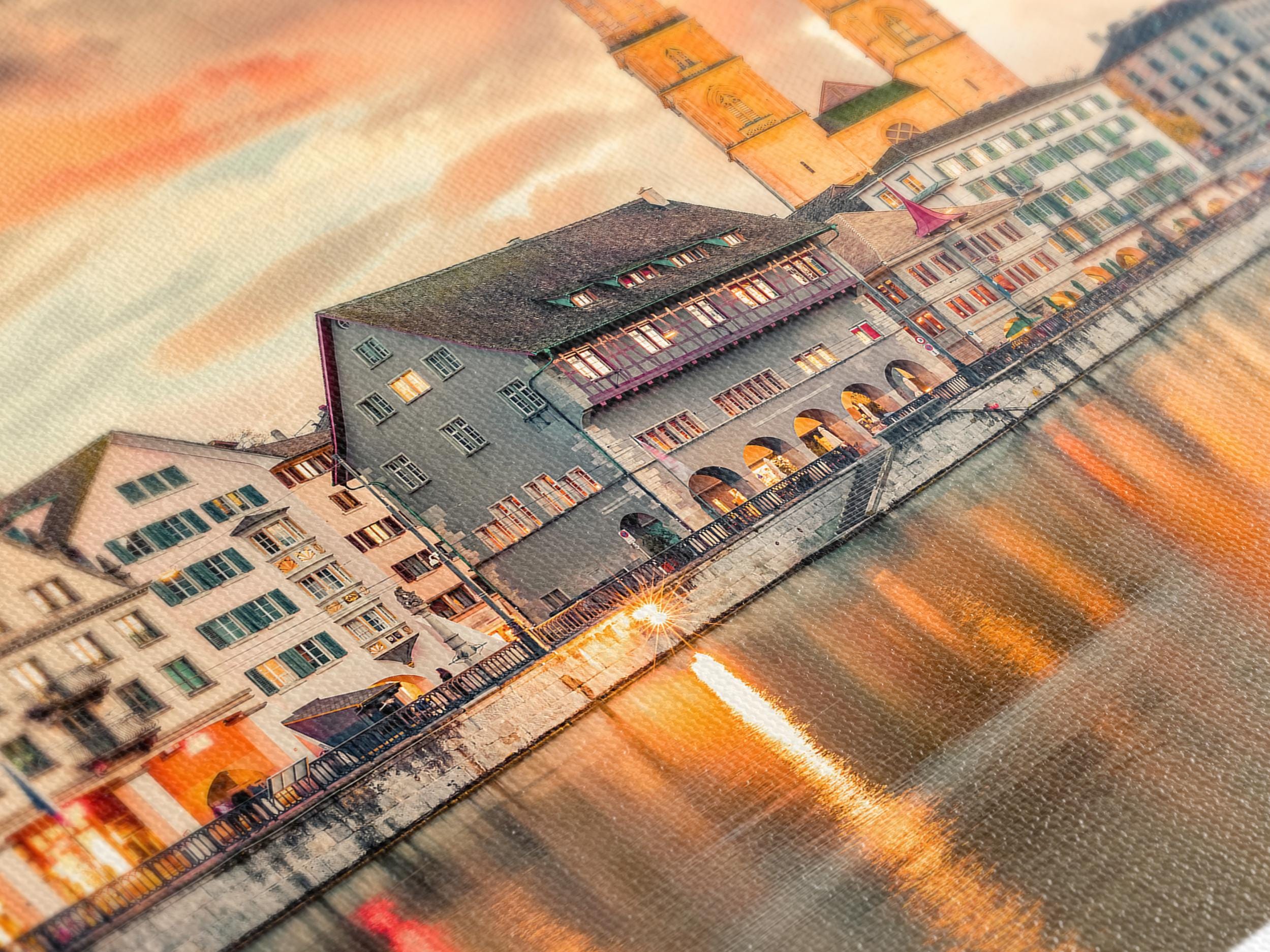 Canvasprint van de Grossmunsterkerk, Stadsgezicht van Zürich aan de muur, Zonsondergang aan de rivier de Limmat, Groot Zwitsers landschapsdecor, Historisch Zürich-kunstwerk