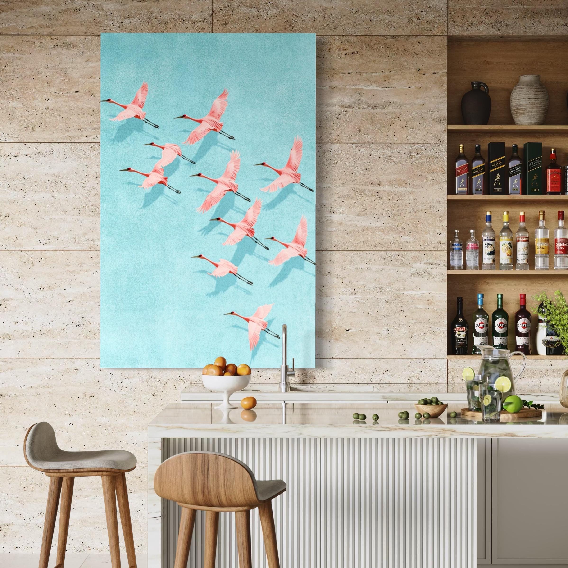 Pink Cranes Wall Art - Coastal Wall Decor, Wildlife Art for Home or Office Decor, Minimalist Style Wall Art, Light Blue Painting Wall Decor