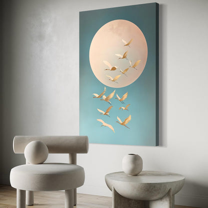 Zen living room with cranes artwork under a soft moon on a matte wall, neutral chairs and stone table